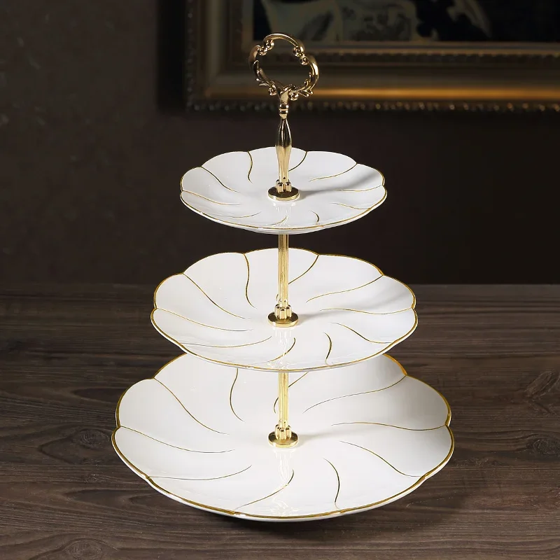 English three-layer afternoon tea snack stand ceramic fruit plate, hotel cafe dessert and pastry table display stand