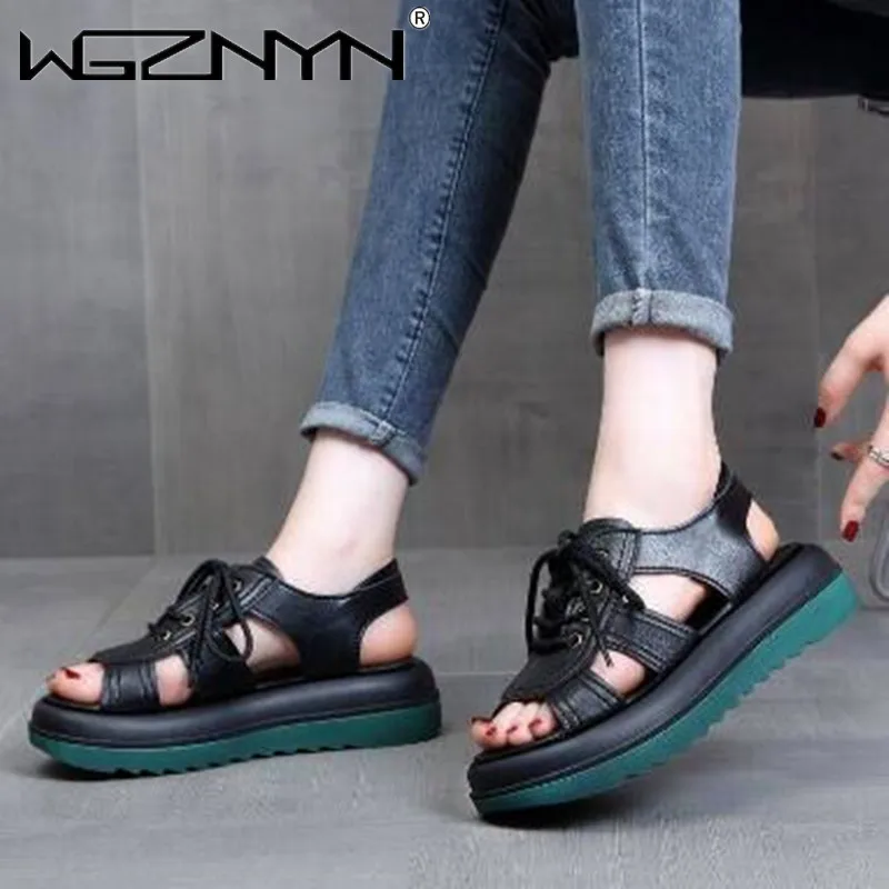 2023 Summer New Women\'s Sandals Vintage Lace Up Open Toe Non-slip Platform Shoes Comfortable Hollow Roman Sandal Zapatilla Mujer