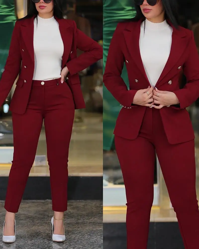 Office Lady Elegant Solid Two Piece Sets New Autumn Winter Women Fashion Lapel Long Sleeve Blazer & High Waist Work Pants Suit