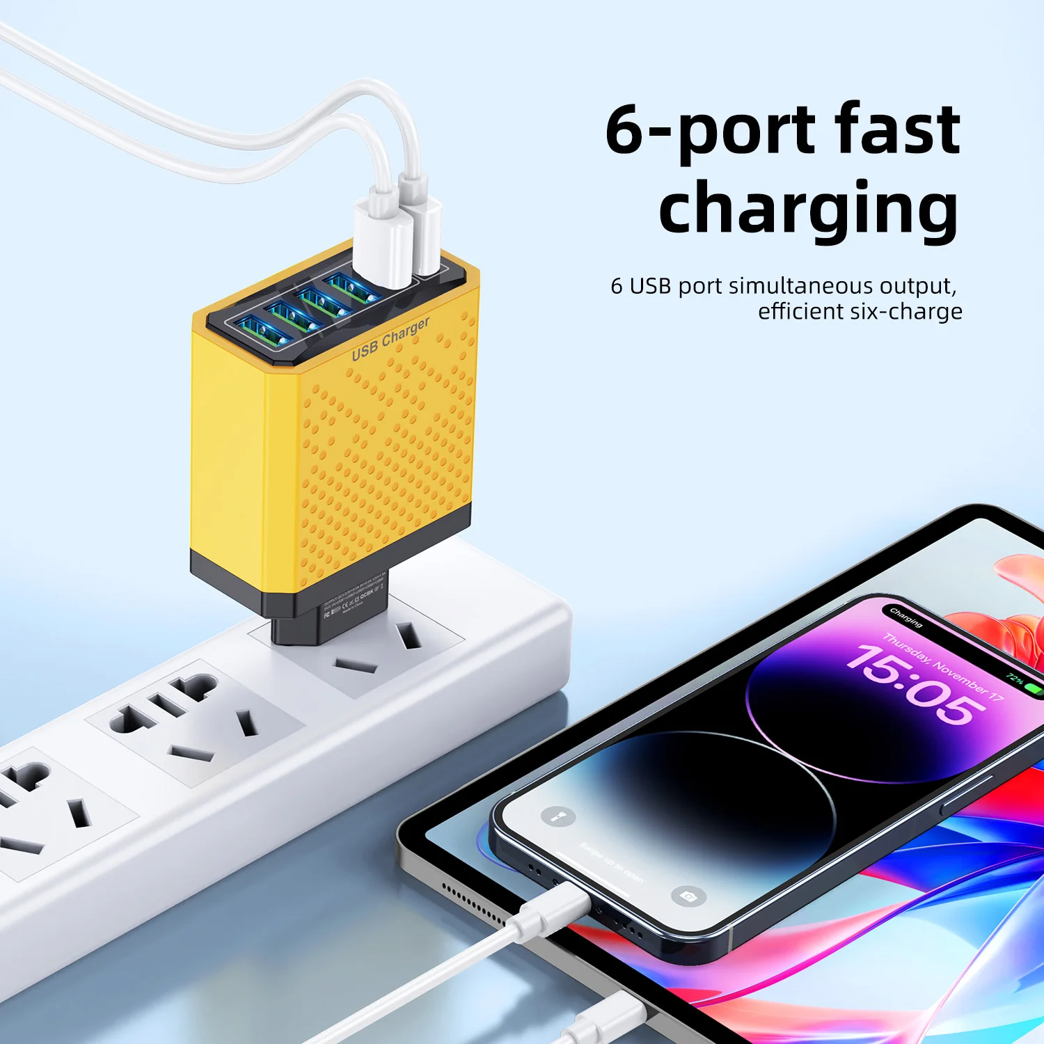 USB Phone Charger 6 Ports PD Type C Fast Charge Wall Charger For iPhone 14 Samsung Xiaomi EU/US/AU/KR Plug Phone Power Adapter