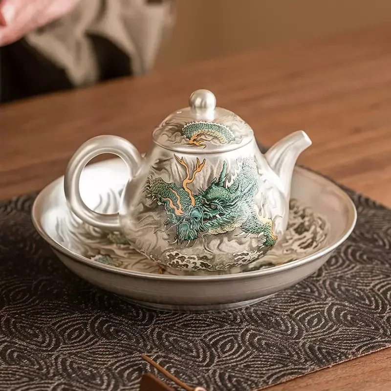 Pure Handmade Silver Tea Holder Qinglong Silver Painting Teapot Cover Holder Kung Fu Tea Set Holiday Gifts Gaiwan Tray Ornaments