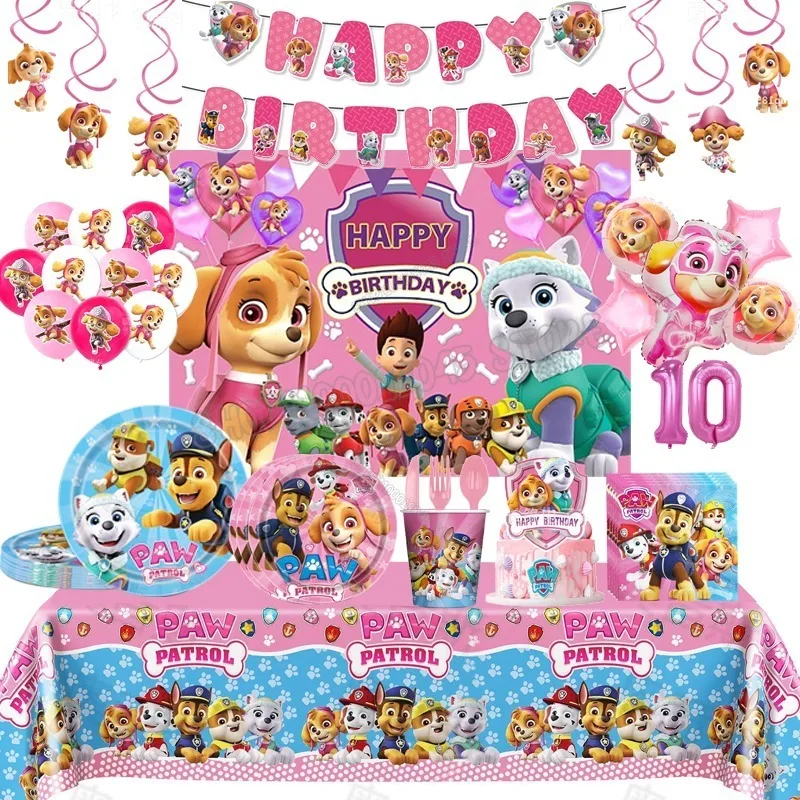 Paw Patrol Birthday Party Decoration Chase Skye Figure Dinner Plate Banner Cake Topper Numer Balloon Set Anime Themed Tableware