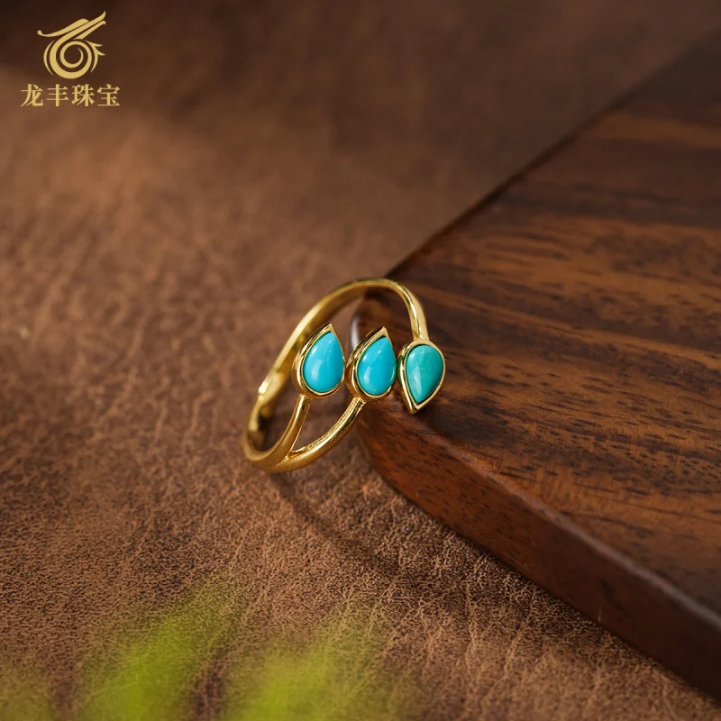 Hubei Shiyan S925 Silver Plated 18K Gold Natural Turquoise Three Drop Ring Women