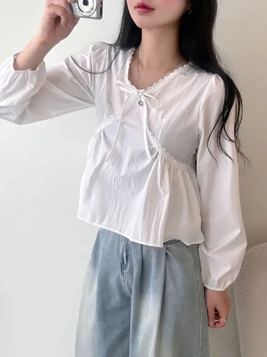 

Свободный женский длинный све V-Ne, корейский Sle Design Sense Tie Dye, кружевная отделка, осенний элегантный топ для девочек-подростков