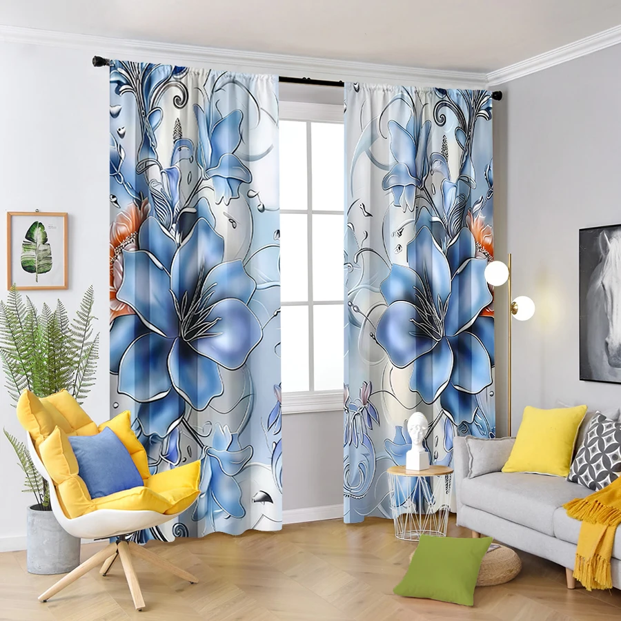 2PCS Digital Printed Curtains, Dark Blue Flower Cluster Design, Floral Flower Style for Living Room Bedroom Home Decor