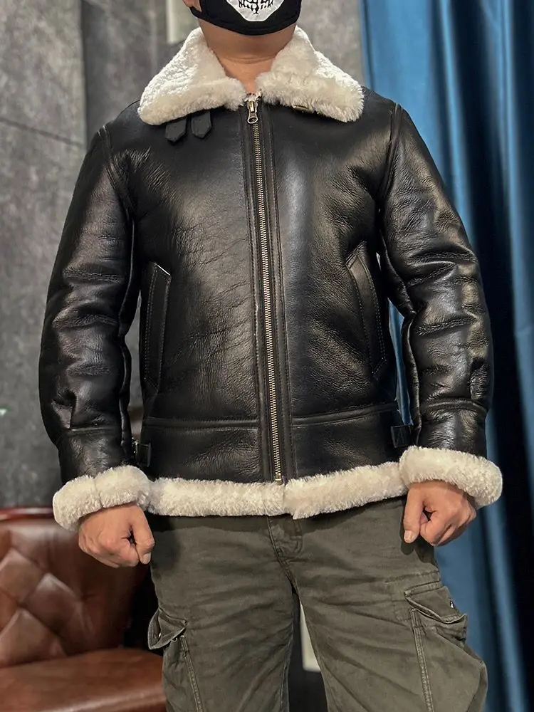 2025 Winter Fashion Men's Bomber Jacket Genuine Sheepskin Lambskin Leather Coat Natural White Wool Liner Black Windbreaker xxxxl