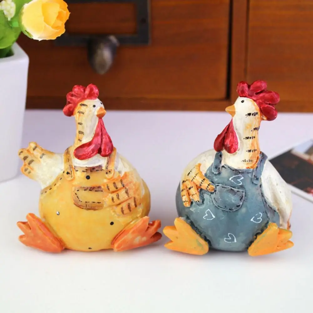 Lovely Cute Couple Chicken Figurines Resin Artifact Craft Chicken Ornament Miniature Cartoon Chicken Statue Set Home Room Decor