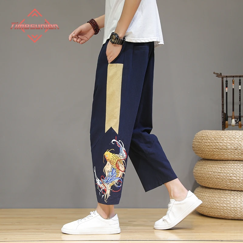 

Spring Summer Cotton Linen Pants for Men Casual Pants Men Carp Print Loose Plus Size Ankle Length Pants