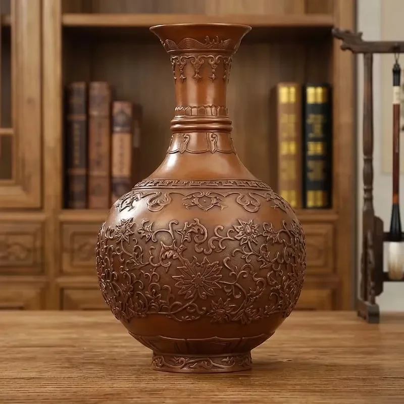 Chinese Cloisonne Copper Vase Deep Engraved Lotus Pattern Elegant Neck Design Home Decor Ornament Traditional Craft Gift
