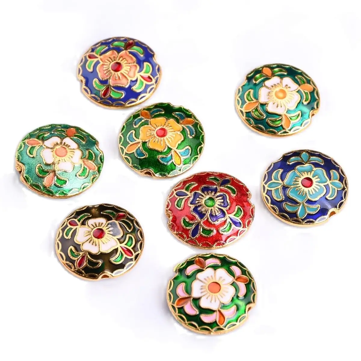 2pcs Enamel Flower Pattern 18mm Flat Round Shape Metal Loose Craft Beads For Jewelry Making DIY Findings