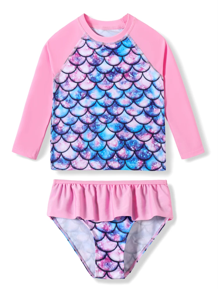 Girls Kids Swimsuit 2025 New Fish scale pattern Long Sleeves Children Swimwear Summer 2 Piece Shorts Beach Bathing Suit Swimming