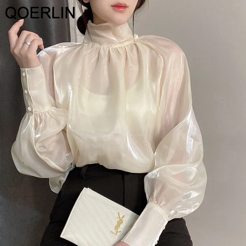 

Pink Gauze Blouse Stand Collar Women Spring Autumn Loose Casual Bowtie Fashion Black White Tops Shirts Puff Sleeve Blusa