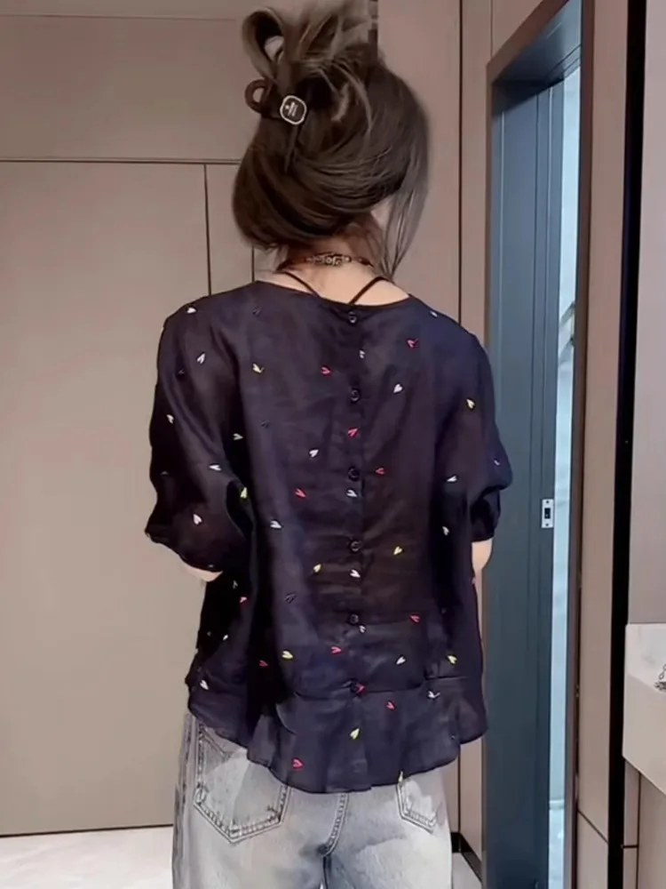 

Женский свободный повседневный легкий дышащий летний топ с вышивкой ort Sve irt на пуговицах Ba Design