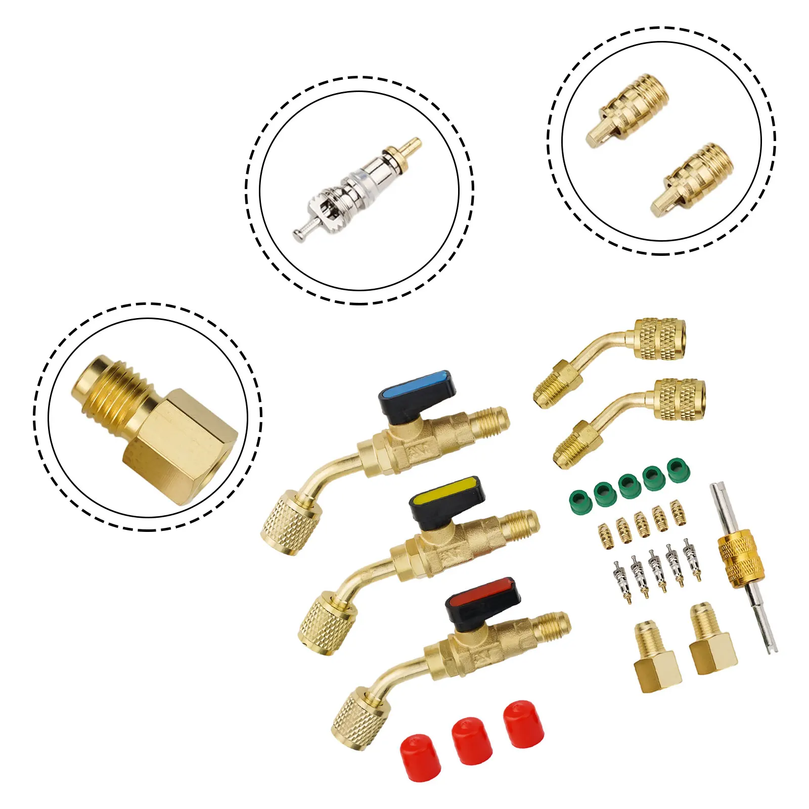 Kit de válvula de esfera compacta de ângulo R410A R134A R22 AC HVAC, construção de cobre de terra forte, design de ângulo de 45 graus