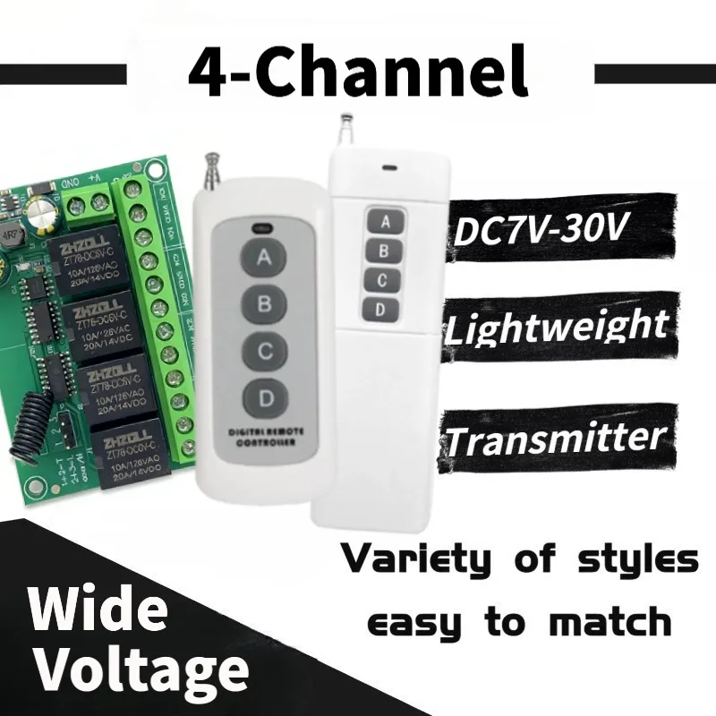 

Universal Wireless Remote Control Switch 433MHz DC 6V12V 24V 30V 4CH10A Receiver Rf Transmitter For Garage/Gate/Motor/Light/Lamp