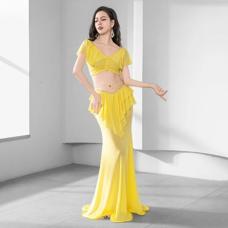 

Индивидуальный костюм для танца живота с листьями лотоса, юбка с рыбьим хвостом, комплект для восточных танцев, униформа для выступлений, верхняя юбка, 2 шт.