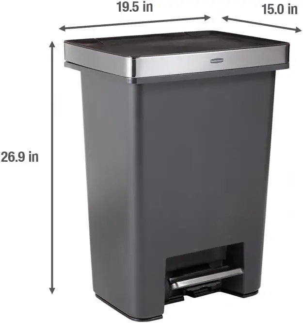 Rubbermaid Premier High-Capacity Step-On Trash Can, 19 Gallon, Charcoal, Stainless-Steel Rim, Lid Lock, Quiet Lid,