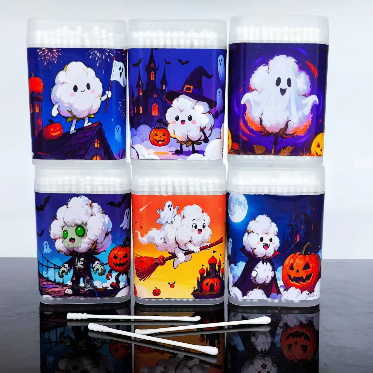 300pcs/600pcs Creative Halloween Elements Cotton Swabs, Halloween Pumpkin-Themed Double-Headed Cotton Buds