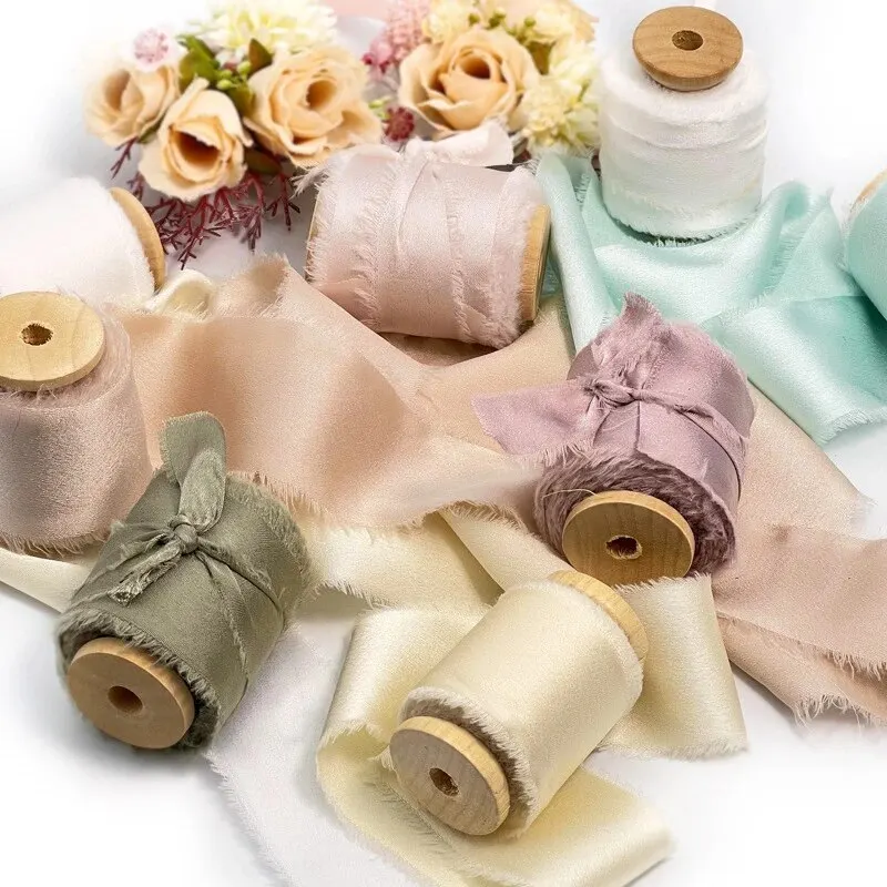 4CM*5M Handmade Frayed Edged Satin Chiffon Silk Ribbon For Wedding Invitation Wrapping Bouquets Birthday Party Decorations Gifts