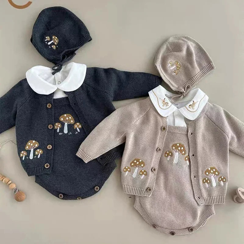 Autumn Toddler Baby Girl Knitting Clothes Suit Infant Baby Girls Knitted Clothing Set Embroidery Mushroom Cardigan+Jumpsuit 2PCS