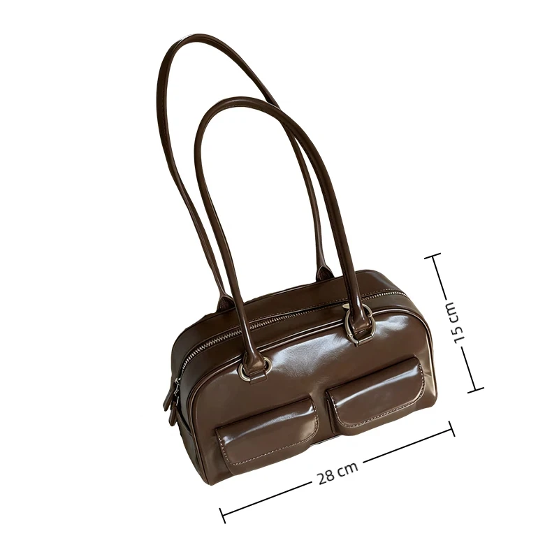 Tas Tangan Bowling Coklat Kapasitas Besar Tas Bahu Wanita Tas Tren Mode Baru Musim Gugur Musim Dingin Gaya INS Korea Retro ﻿