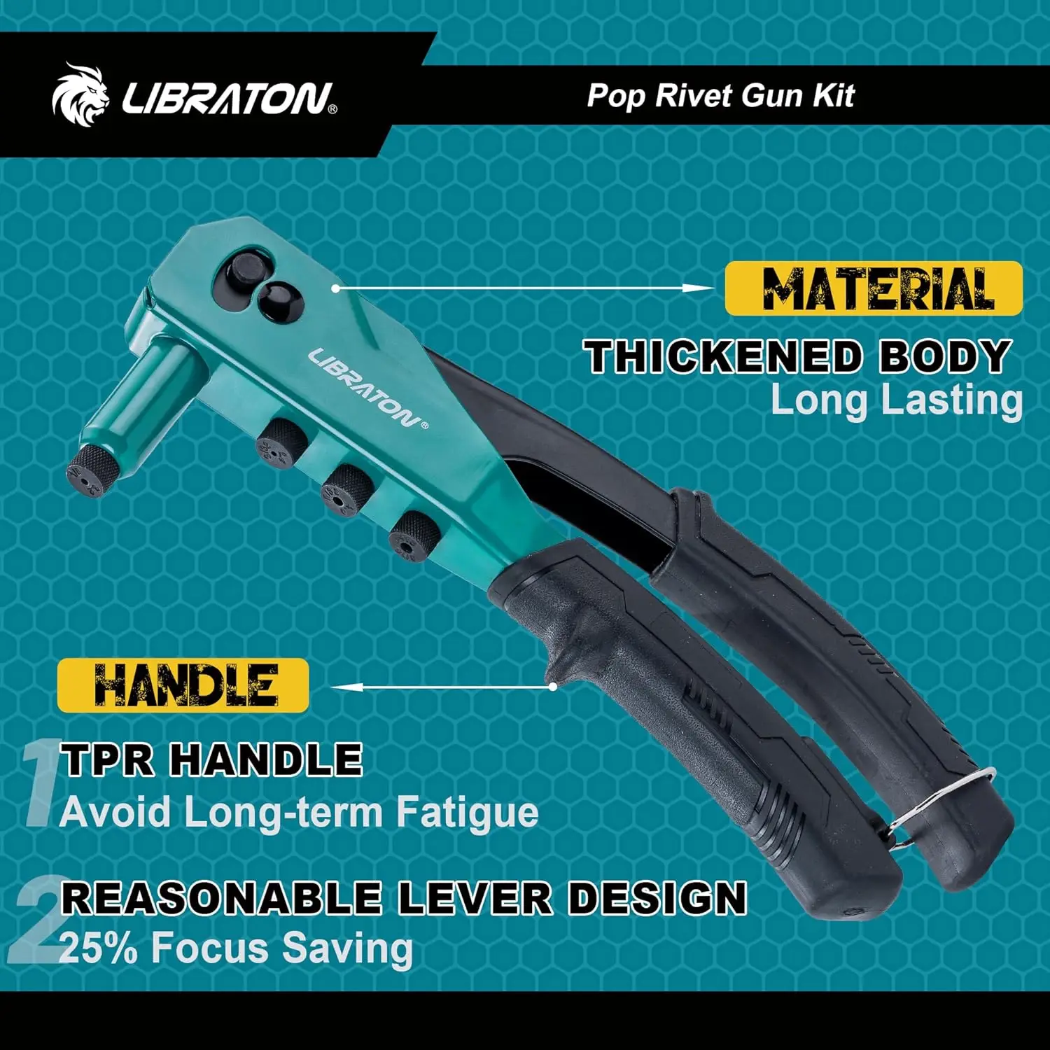 Libraton Rivet Gun Kit, Heavy Duty Manual Riveting Tool 1PC with 120 Blind Rivets, 4 HSS Drill Bits, 4 Tool-free Interchangeable