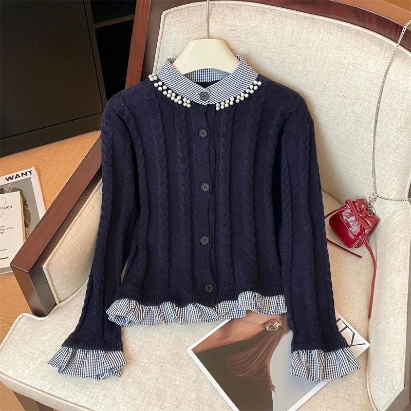 

Клетчатый лоскутный вязаный кардиган с грибком для женщин, осень 202, сладкий жемчуг с круглым вырезом, облегающий укороченный свитер с длинными рукавами, топ