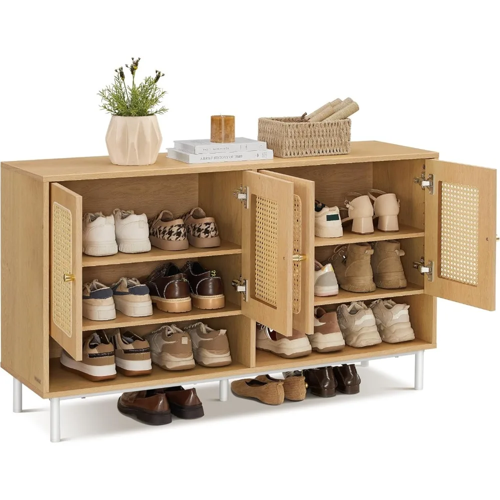 Natural Rattan 3-Tier Shoe Cabinet, 24 Pair Shoe Storage Cabinet, Boho Style Shoe Organizer with Height-Adjustable Shelves and