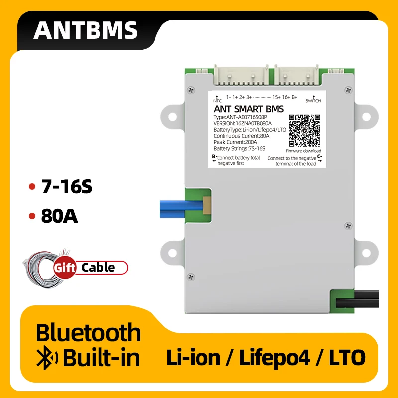 Smart ANT BMS 7S 8S 10S 12S 13S 16S for Li-ion Lifepo4 LTO Battery Continuou 80A Peak 200A 24V 36V 48V 60V smart blance board