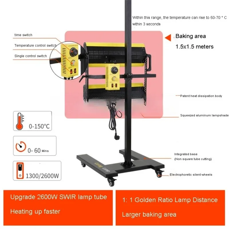 2600W 220V 110V Shortwave Infrared Paint Dryer with Temperature Control Timer Car Body Repair Paint Baking Lamp Heating Light