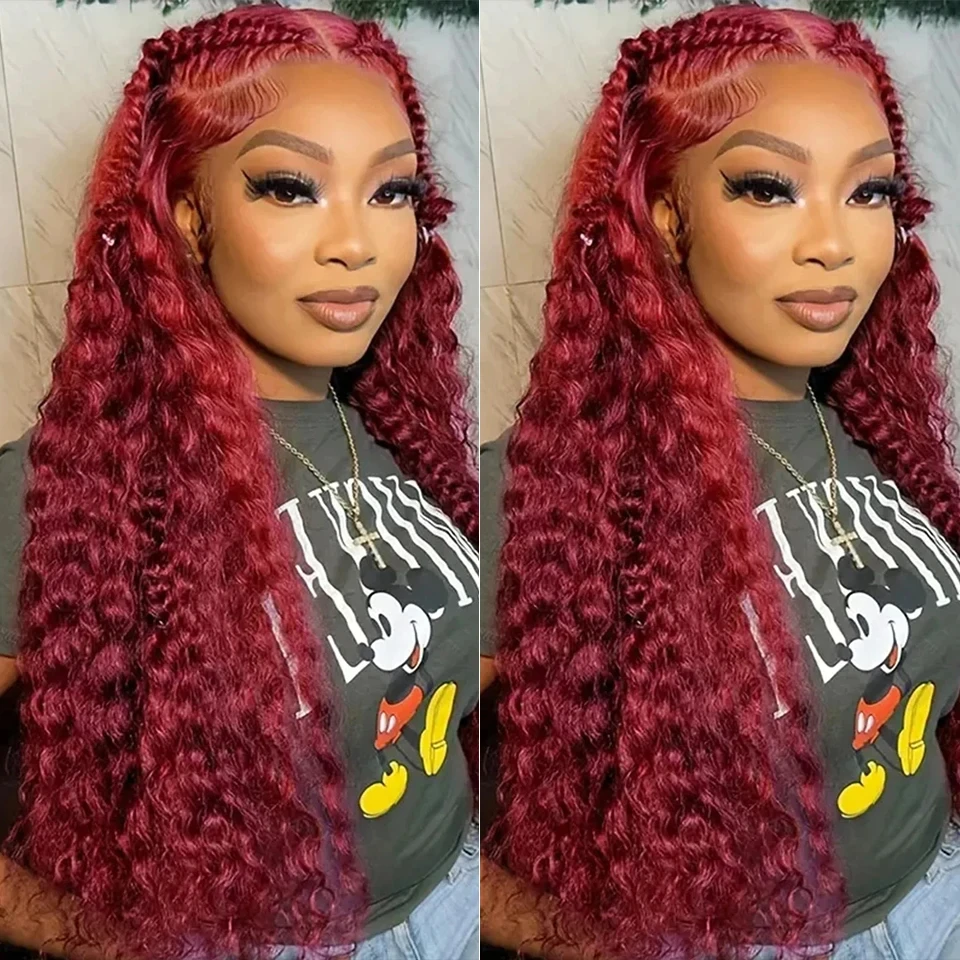 

250 Density 30 Inch Burgundy Deep Wave 13x6 Lace Frontal Human Hair Wig 99J Curly Red Lace Front Human Hair Wigs For Women ﻿