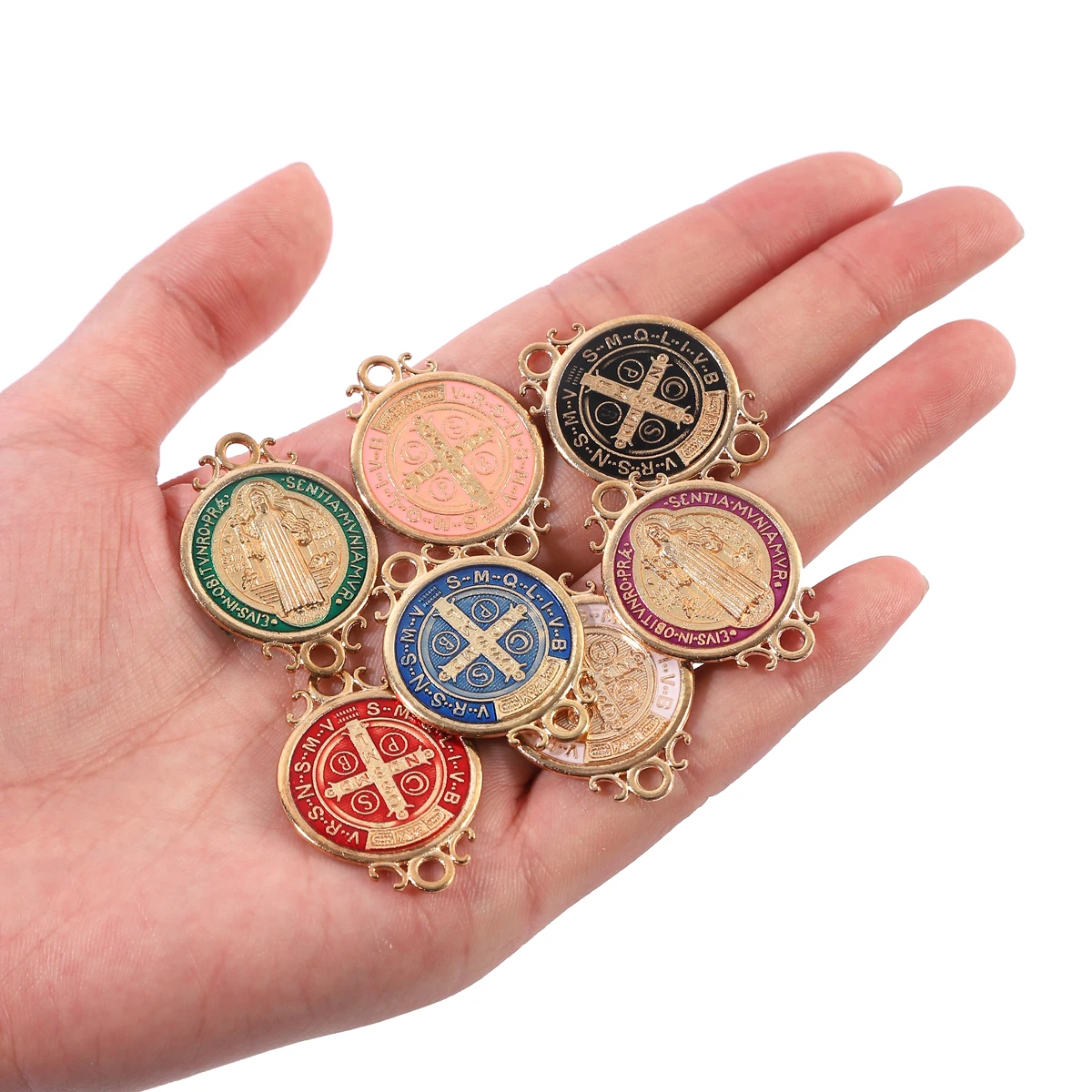 12Pcs Metal Enamel Saint Benedict Medal Charm Gold Tone Round Medalla De San Benito Pendants for DIY Necklaces Bracelet Keychain - view 5