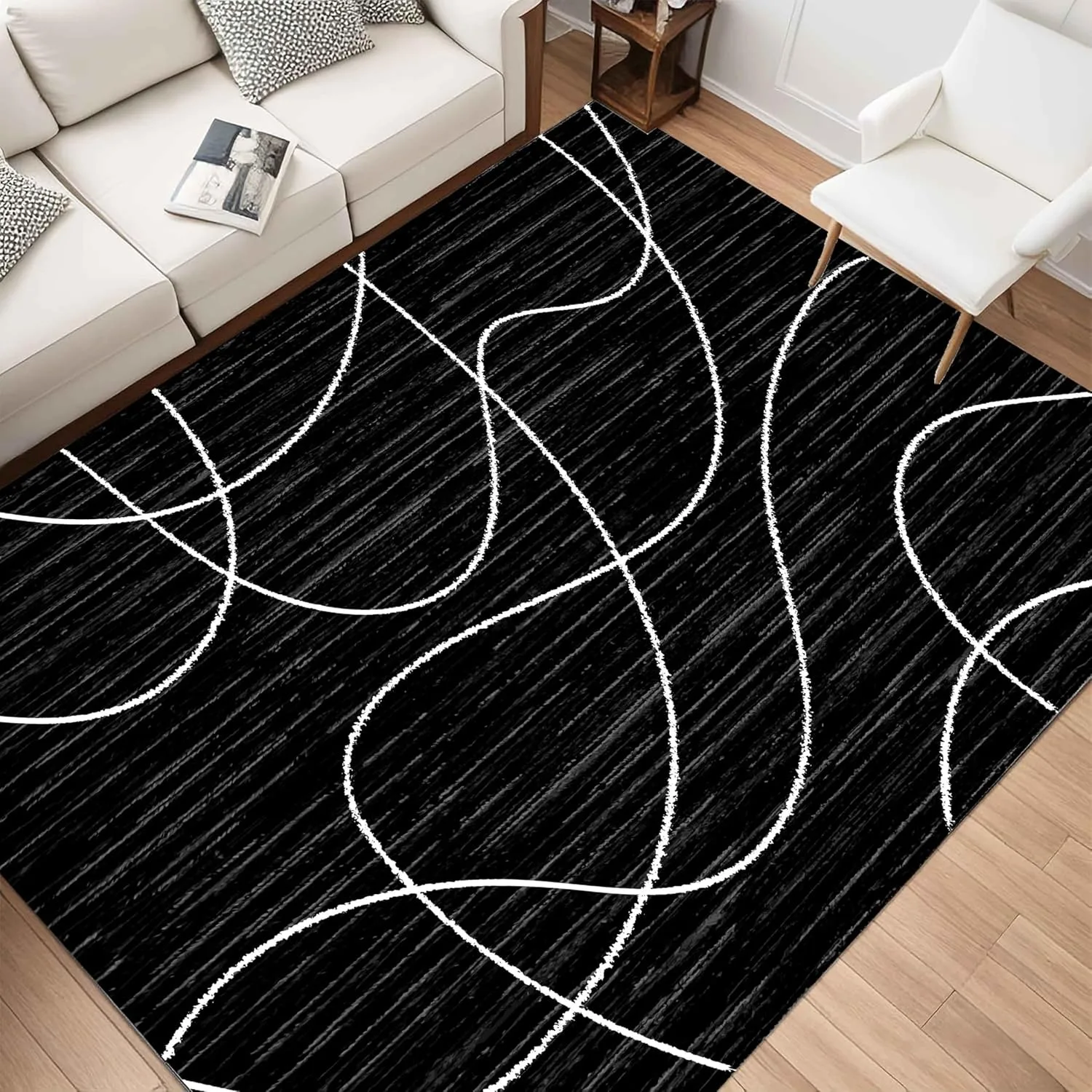 Alfombra moderna negra, alfombras lavables para dormitorio a rayas blancas y negras, alfombra moderna, alfombra antideslizante para sala de estar, dormitorio y oficina