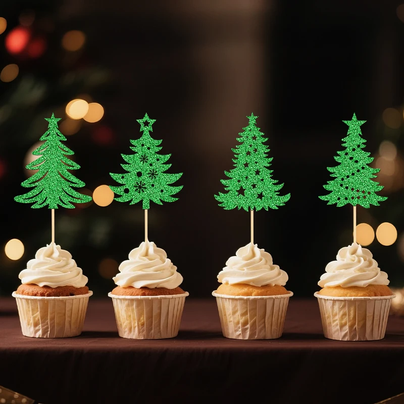 YOMDID 24 Stück Weihnachtsbaum-Cupcake-Topper, glitzernde Weihnachtsbaum-Kuchendekoration, Winter-Weihnachtsbaum, Schneeflocke, Cupcake-Picks – Detail 8