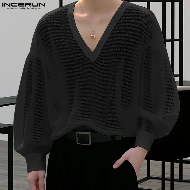 2024 Men T Shirt Striped V Neck Mesh Transparent Loose Long Sleeve Men Clothing Streetwear Fashion Sexy Tee Tops S-5XL INCERUN