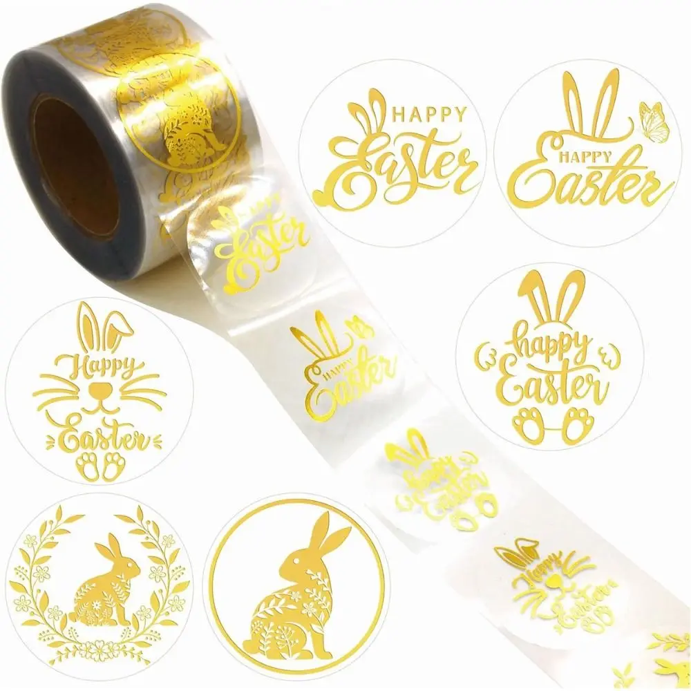 

Golden Paper Easter Stickers Cartoon Design Self Adhesive Egg Stickers Round Shape Bunny Stickers Gift Decoration