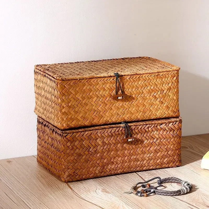 Cesta de Almacenamiento Vintage Tejida a Mano con Paja, Caja de Almacenamiento de Escritorio, Caja de Regalo, Cesta de Almacenamiento para Baño, Caja de Almacenamiento para Ropa Interior