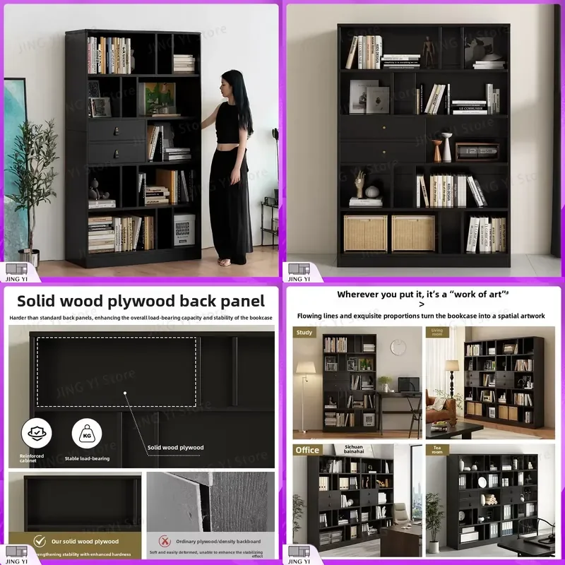 6-Tier Black Wooden Bookshelf with Cabinet Doors Display Shelf Office Storage Library Furniture for Home Study Room Lab