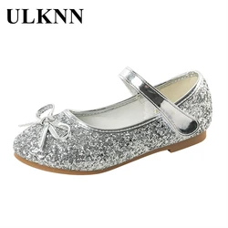 ULKNN 2023 New Girls Leather Shoes Pink Bowknot Princess 'shoes Sequins Kid's Flats Cuhk Children's Dance Shoes Size 24-37