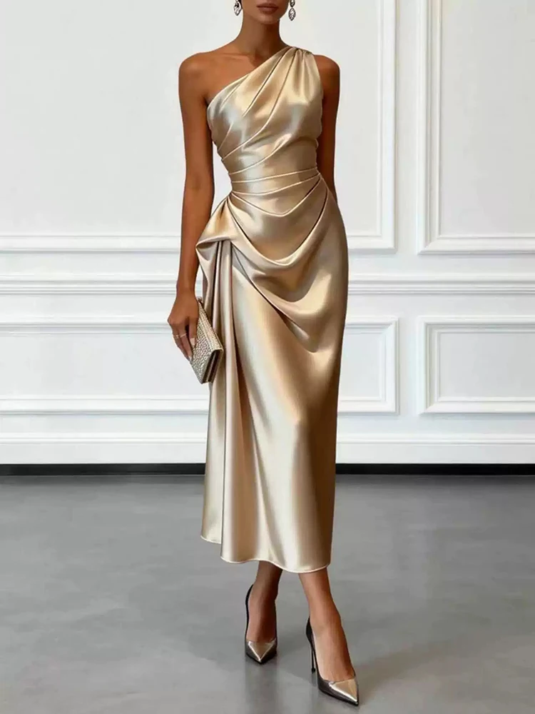 Women Slanted Neck Draped Summer Long Dress Simple Solid Sleeveless Commuting A-line Dresses Satin Asymmetric Slim Evening Dress