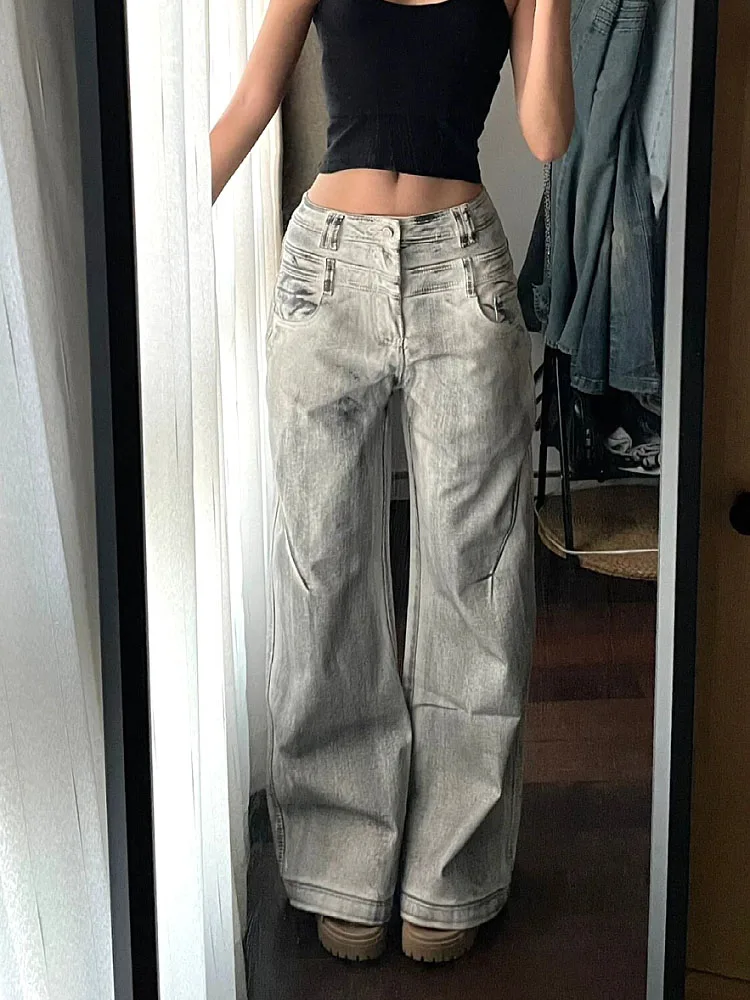 Casual Office Lady Baggy High Waist Grey Wide Legs Pants Cyber Trousers Korean Fashion Trend Jeans 2000s Aesthetic Spring Summer