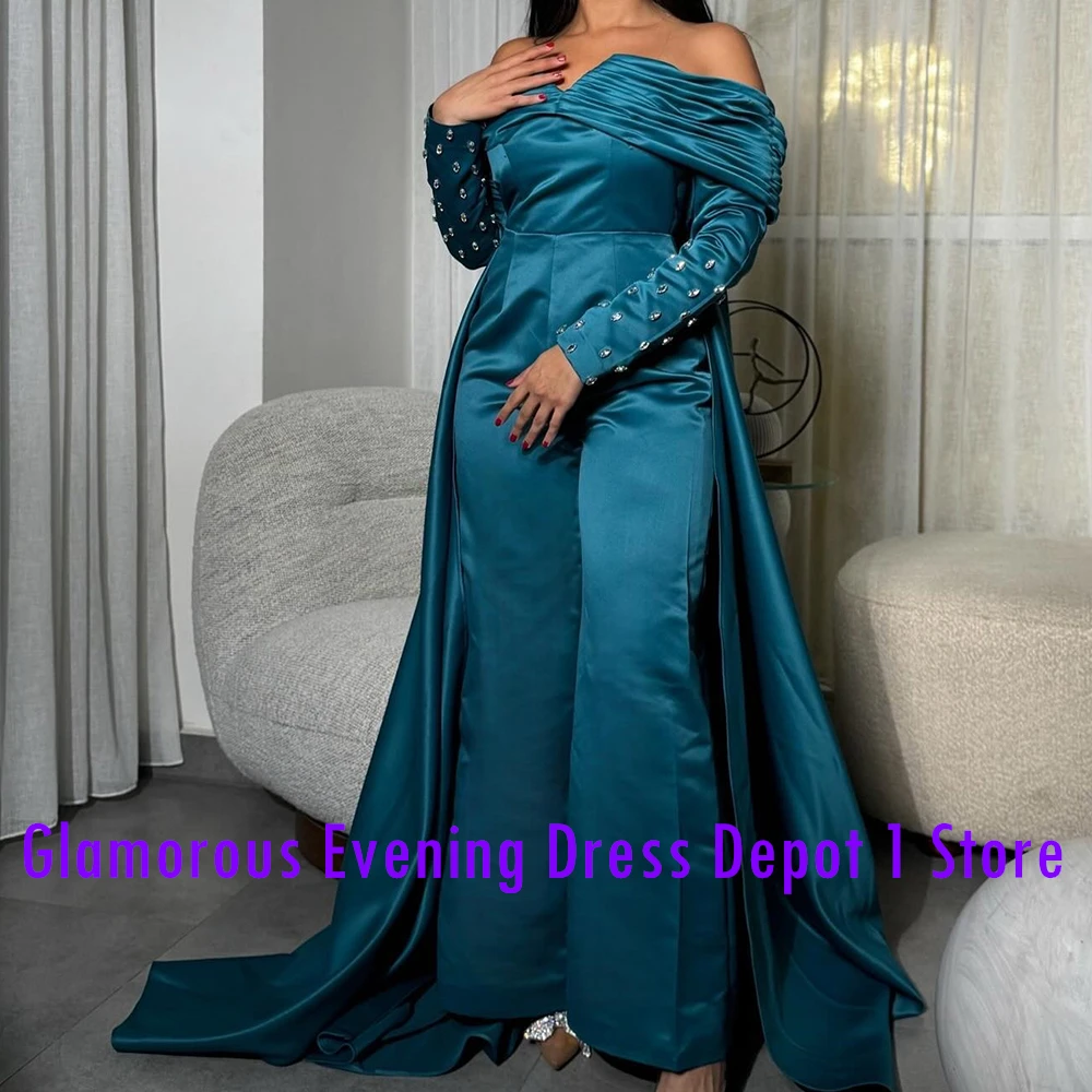 Customized Formal Crystal Off the Shoulder Satin Evening Dresses Modern Straight Floor Length Boat Neck Long Sleeves Party Dress