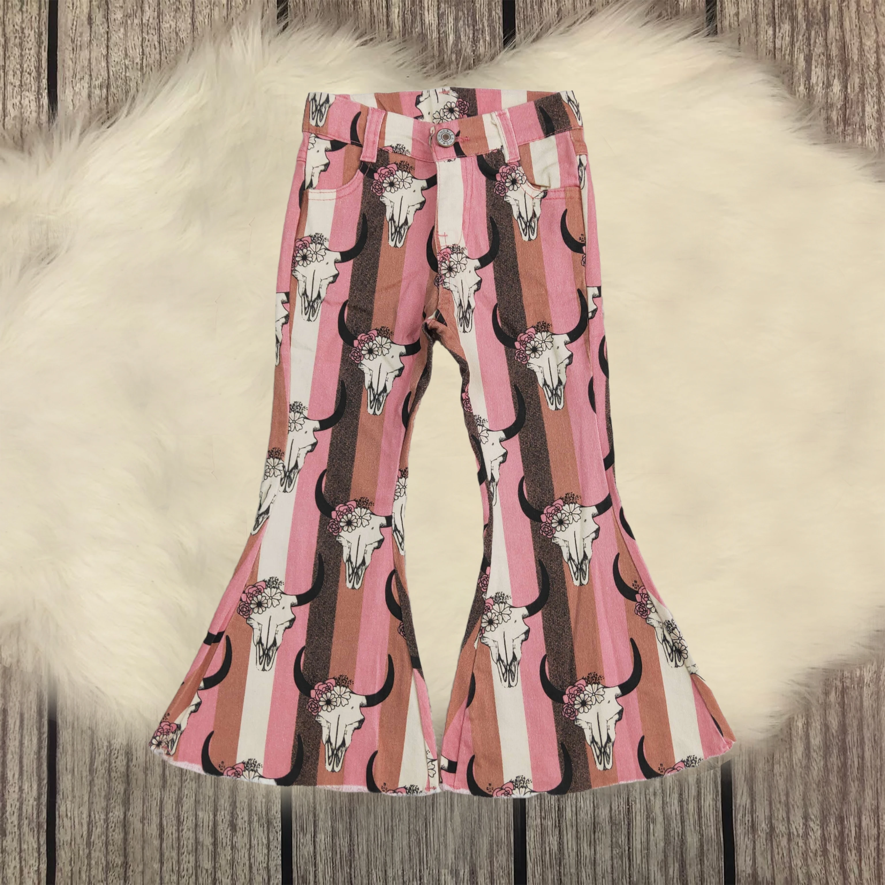 

Wholesale Toddler Baby Girls Aztec Western Cow Skull Bell Flare Denim Pants Kids Pocket Bottoms Children Boutique Clothing