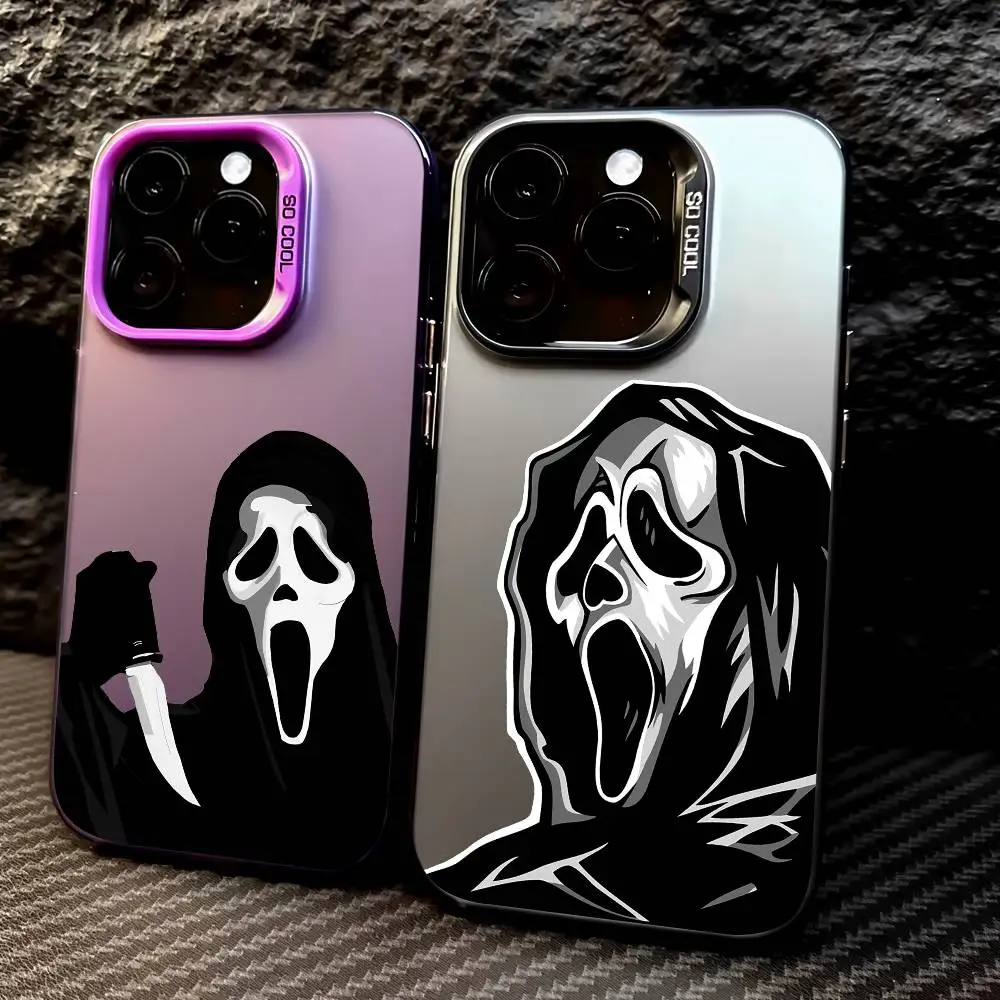 Funda de teléfono con cara de fantasma y esqueleto a la moda para iPhone 16, 15, 14, 13, 12, 17 Pro Max, botón de Metal independiente, galvanoplastia móvil