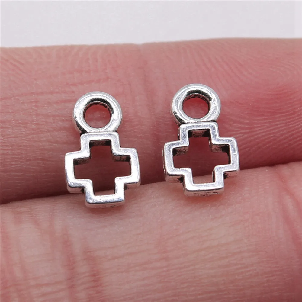 20pcs/lot 7x12mm Hollow Small Cross Charms For Jewelry Making Antique Silver Color 0.28x0.47inch