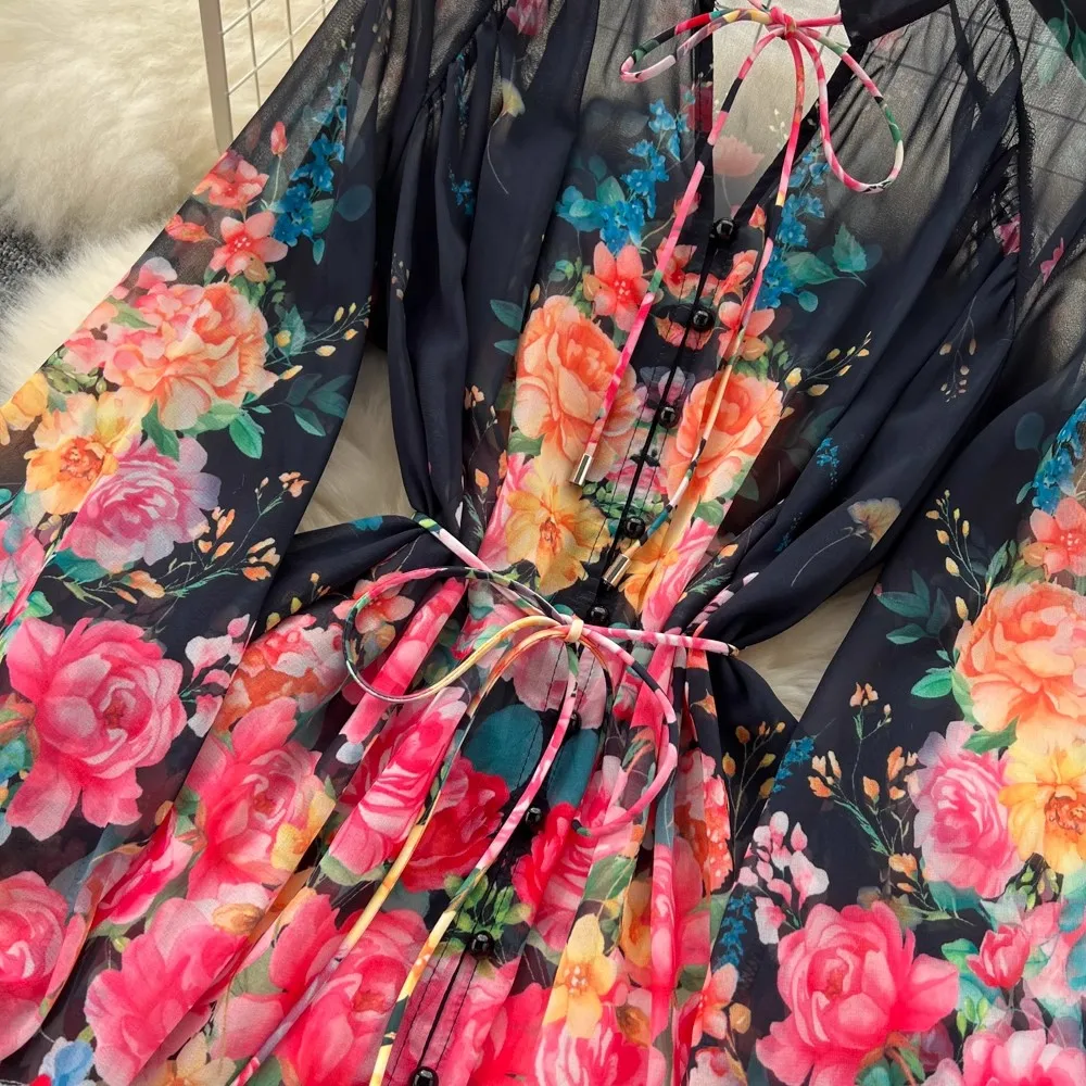 Vrouwen Boho Print Mini-Jurk Zomer Elegante Lantaarnmouw Strik V-Hals En Lijn Jurk Casual Losse Oversized Strandfeest Vestidos