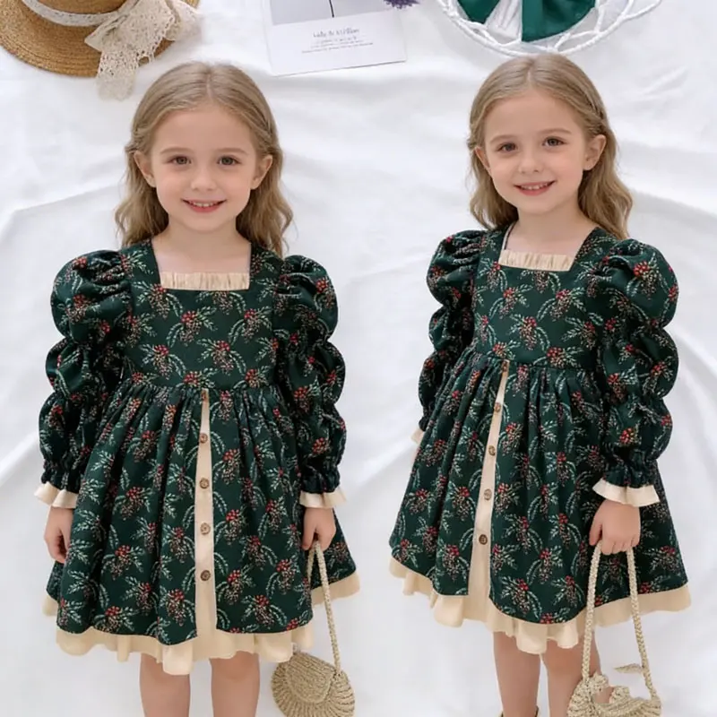 Girls Dress 2026 Spring Autumn Puff Sleeve Lolita Dresses for Kids Long Sleeve Children Princess Costume Toddler Clothing 1-8T