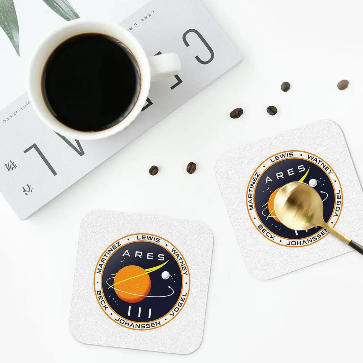 Ares 3 Mission To Mars - The Martian Badg Coasters PVC Leather Placemats Non-slip Coffee Mats for Home Dining Pads Set of 6