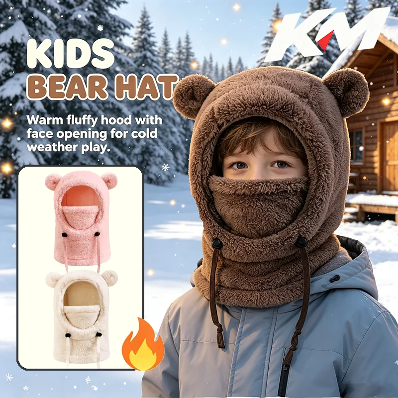 Face Cover Helmet Cap For Children Cold-proof Warm Balaclava Hat Ski Children Thermal Headgear Kids Plush Scarf One Piece Beanie