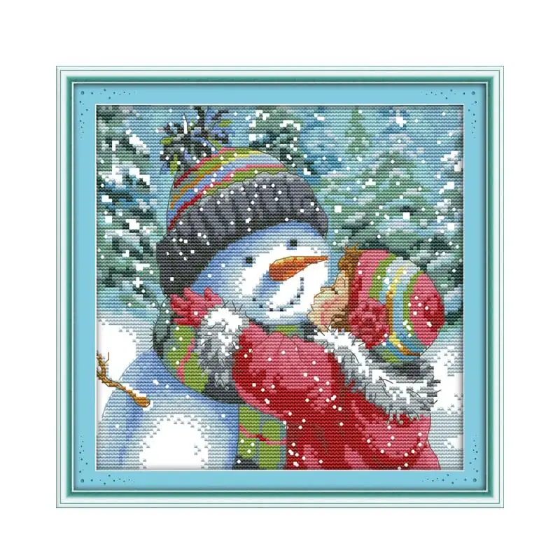 Kiss the Snowman Counted Cross Stitch cartoon winter snow 14CT 18CT DMC color cotton silk Kits Embroidery Needlework plus